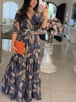 Elegant Long Printed Dress V-neck Women's Fashion Summer New  Style Sleeve Lantern Half Sleeve Length sku image 9