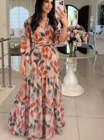 Elegant Long Printed Dress V-neck Women's Fashion Summer New  Style Sleeve Lantern Half Sleeve Length sku image 13