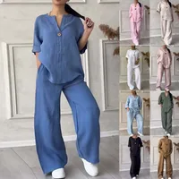 Fashion Solid Color Cotton Linen Women Casual Suit Pants Elegant Commuter Style Long Sleeve Pocket Characteristic Casual Suit main image 1