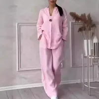 Fashion Solid Color Cotton Linen Women Casual Suit Pants Elegant Commuter Style Long Sleeve Pocket Characteristic Casual Suit main image 2