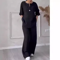Fashion Solid Color Cotton Linen Women Casual Suit Pants Elegant Commuter Style Long Sleeve Pocket Characteristic Casual Suit main image 3