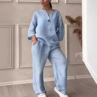 Fashion Solid Color Cotton Linen Women Casual Suit Pants Elegant Commuter Style Long Sleeve Pocket Characteristic Casual Suit main image 4