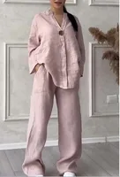 Fashion Solid Color Cotton Linen Women Casual Suit Pants Elegant Commuter Style Long Sleeve Pocket Characteristic Casual Suit sku image 17