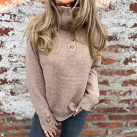 Casual Knitted Sweater Solid Color Buttons Stand Collar Loose Design Autumn And Winter New Comfort Cotton Blend Long Sleeve main image 2
