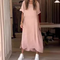 New Ladies Summer Loose Casual Solid Color Short Sleeve Cotton Linen Dress Elegant Commuter Style Ankle-Length Dress main image 1