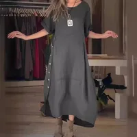 New Ladies Summer Loose Casual Solid Color Short Sleeve Cotton Linen Dress Elegant Commuter Style Ankle-Length Dress main image 3