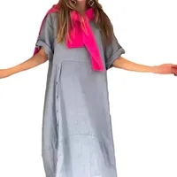 New Ladies Summer Loose Casual Solid Color Short Sleeve Cotton Linen Dress Elegant Commuter Style Ankle-Length Dress main image 5