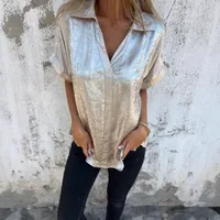 Summer New Loose Golden Embossed Short Sleeve Stand Collar Shirt Women's Comfortable Breathable Polyester Blend Casual Business Suit main image 4