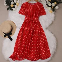 Elegant Retro Women's Dress Round Neck Short Sleeves And Dots Printed Waist-Controlled Full Skirt Mid-Length Dress Dress Suitable For Commuting main image 1