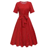 Elegant Retro Women's Dress Round Neck Short Sleeves And Dots Printed Waist-Controlled Full Skirt Mid-Length Dress Dress Suitable For Commuting main image 5
