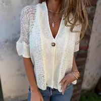 Elegant European Style Women's Knitted Cardigan Short Sleeve Hollow Design One Button Design Spring And Autumn Solid Color Commute Friendly main image 1