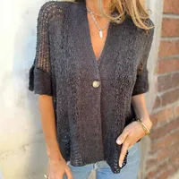 Elegant European Style Women's Knitted Cardigan Short Sleeve Hollow Design One Button Design Spring And Autumn Solid Color Commute Friendly main image 2