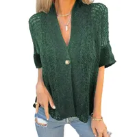 Elegant European Style Women's Knitted Cardigan Short Sleeve Hollow Design One Button Design Spring And Autumn Solid Color Commute Friendly main image 5