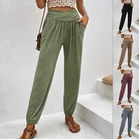 Elegant High Waist Women's Casual Trousers European Style Home Wear Loose Design Pocket Details Comfortable Cotton Blend main image 1