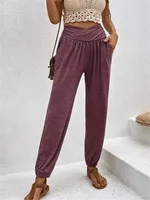 Elegant High Waist Women's Casual Trousers European Style Home Wear Loose Design Pocket Details Comfortable Cotton Blend main image 2