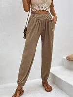 Elegant High Waist Women's Casual Trousers European Style Home Wear Loose Design Pocket Details Comfortable Cotton Blend main image 3