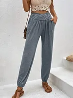 Elegant High Waist Women's Casual Trousers European Style Home Wear Loose Design Pocket Details Comfortable Cotton Blend main image 4