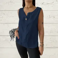 Casual Cotton Linen Vest Women's Summer New Button Top Loose Design T-shirt Solid Color And V-neck Sleeveless Commuter Style main image 2