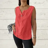 Casual Cotton Linen Vest Women's Summer New Button Top Loose Design T-shirt Solid Color And V-neck Sleeveless Commuter Style main image 4