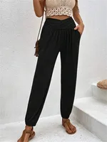 Elegant High Waist Women's Casual Trousers European Style Home Wear Loose Design Pocket Details Comfortable Cotton Blend sku image 4