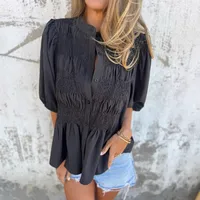 Casual Fashion Short Sleeve Round Neck Button Solid Color Shirt Women's T-shirt Comfortable Breathable Elastic Waist Design main image 2