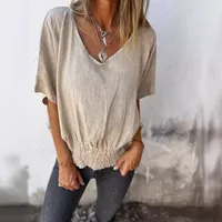 Casual Cotton And Linen Women's T-shirt V-neck Summer New Push Up Top Comfortable Breathable Short Sleeve T-shirt main image 1