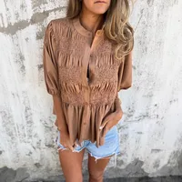 Casual Fashion Short Sleeve Round Neck Button Solid Color Shirt Women's T-shirt Comfortable Breathable Elastic Waist Design main image 4