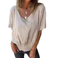 Casual Cotton And Linen Women's T-shirt V-neck Summer New Push Up Top Comfortable Breathable Short Sleeve T-shirt main image 5