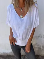 Casual Cotton And Linen Women's T-shirt V-neck Summer New Push Up Top Comfortable Breathable Short Sleeve T-shirt sku image 9