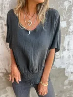 Casual Cotton And Linen Women's T-shirt V-neck Summer New Push Up Top Comfortable Breathable Short Sleeve T-shirt sku image 4