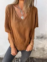 Casual Cotton And Linen Women's T-shirt V-neck Summer New Push Up Top Comfortable Breathable Short Sleeve T-shirt sku image 14