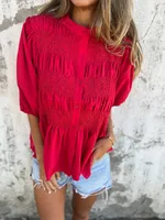 Casual Fashion Short Sleeve Round Neck Button Solid Color Shirt Women's T-shirt Comfortable Breathable Elastic Waist Design sku image 1