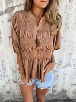 Casual Fashion Short Sleeve Round Neck Button Solid Color Shirt Women's T-shirt Comfortable Breathable Elastic Waist Design sku image 15