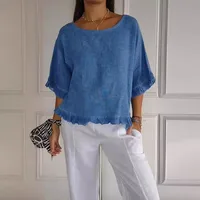 Summer  Women's Solid Color T-shirt Casual Short Sleeve European Style Round Neck Loose Top Lace Edge Cotton And Linen Material main image 1