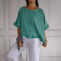 Summer  Women's Solid Color T-shirt Casual Short Sleeve European Style Round Neck Loose Top Lace Edge Cotton And Linen Material main image 2