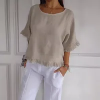 Summer  Women's Solid Color T-shirt Casual Short Sleeve European Style Round Neck Loose Top Lace Edge Cotton And Linen Material main image 3
