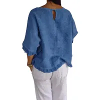 Summer  Women's Solid Color T-shirt Casual Short Sleeve European Style Round Neck Loose Top Lace Edge Cotton And Linen Material main image 5