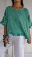 Summer  Women's Solid Color T-shirt Casual Short Sleeve European Style Round Neck Loose Top Lace Edge Cotton And Linen Material sku image 13