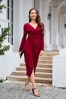 Slim Fit V-neck Long-Sleeve Dress Solid Color Waist Tight Split New Fall Winter Fashion High Street Style Mid-Length Dress sku image 4