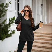 Women's Clothes Long Sleeve T-shirt Brushed V-neck Solid Color Fashion Top Cotton Polyester Fabric Regular Sleeve Fresh Sweet Style main image 2