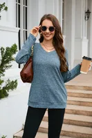 Women's Clothes Long Sleeve T-shirt Brushed V-neck Solid Color Fashion Top Cotton Polyester Fabric Regular Sleeve Fresh Sweet Style sku image 1