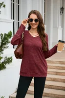 Women's Clothes Long Sleeve T-shirt Brushed V-neck Solid Color Fashion Top Cotton Polyester Fabric Regular Sleeve Fresh Sweet Style sku image 13