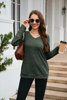 Women's Clothes Long Sleeve T-shirt Brushed V-neck Solid Color Fashion Top Cotton Polyester Fabric Regular Sleeve Fresh Sweet Style sku image 6