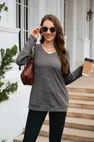 Women's Clothes Long Sleeve T-shirt Brushed V-neck Solid Color Fashion Top Cotton Polyester Fabric Regular Sleeve Fresh Sweet Style sku image 24