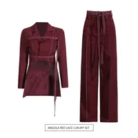 Elegant Angora Red Two-Piece Set High Waist Belted Pants Asymmetric Hem Long Sleeve Fashion Casual Women's Suit main image 1