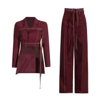 Elegant Angora Red Two-Piece Set High Waist Belted Pants Asymmetric Hem Long Sleeve Fashion Casual Women's Suit main image 5