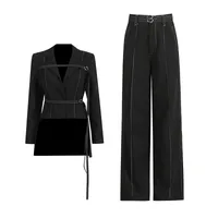 Elegant Angora Red Two-Piece Set High Waist Belted Pants Asymmetric Hem Long Sleeve Fashion Casual Women's Suit sku image 6