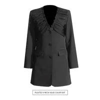 Elegant Black European Style Women's Suit Jacket Thin Pleated Design Cotton Polyester Blend Long Sleeve V-neck Commute Fashion main image 1