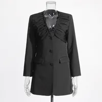 Elegant Black European Style Women's Suit Jacket Thin Pleated Design Cotton Polyester Blend Long Sleeve V-neck Commute Fashion sku image 1