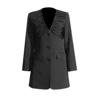 Elegant Black European Style Women's Suit Jacket Thin Pleated Design Cotton Polyester Blend Long Sleeve V-neck Commute Fashion main image 5